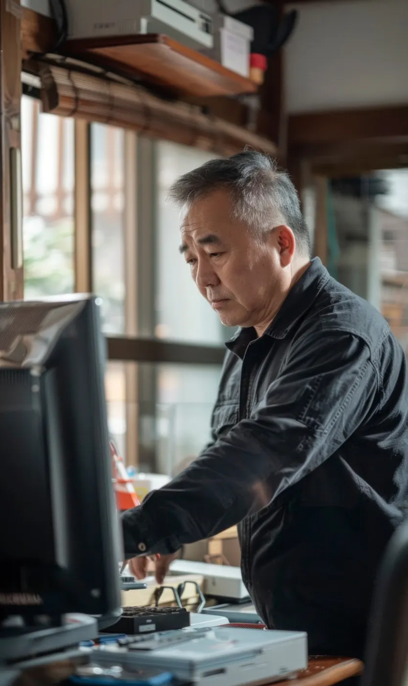 A man working at a computer in his workshop