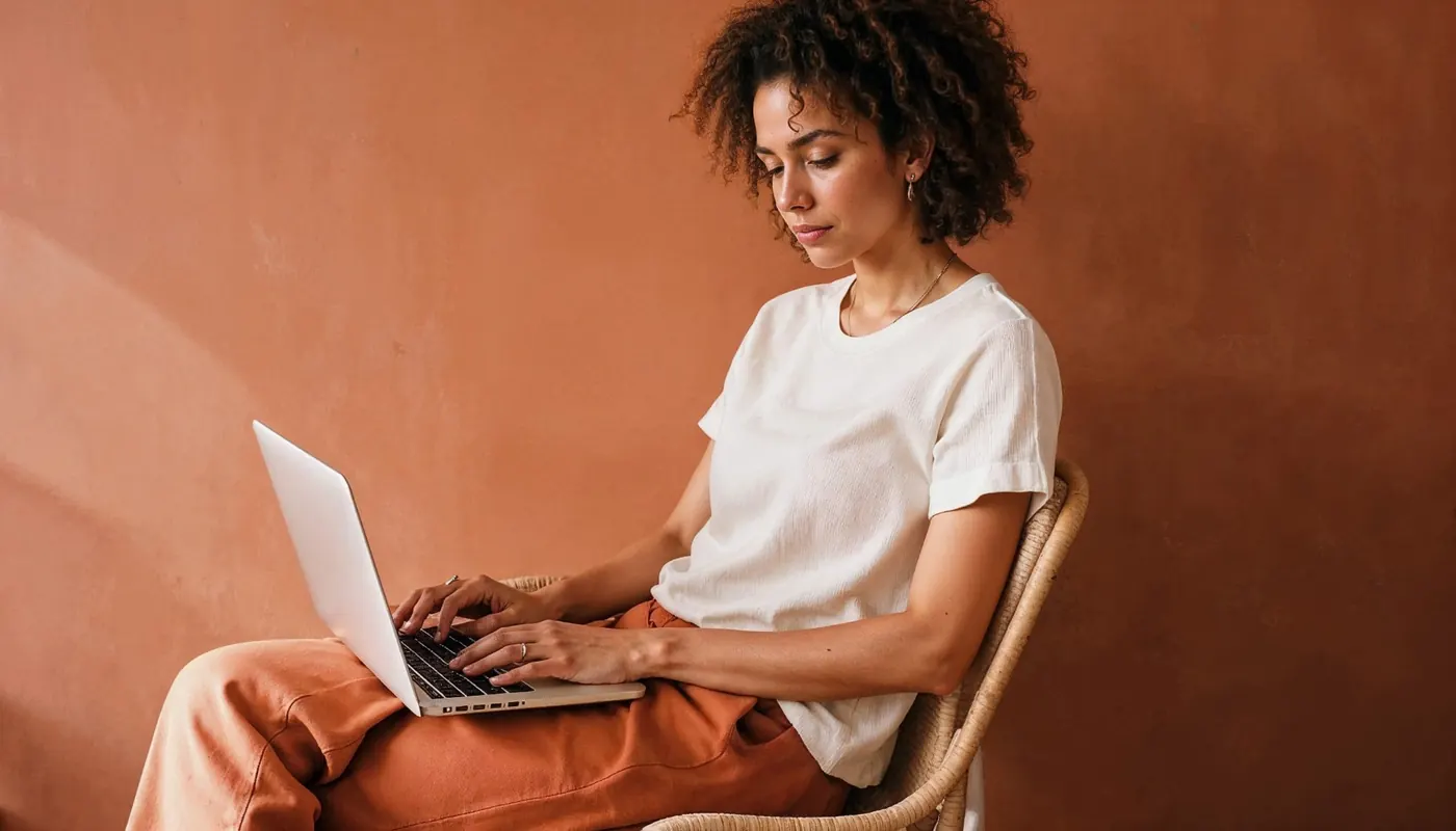 A woman typing on a laptop against a terracotta wall