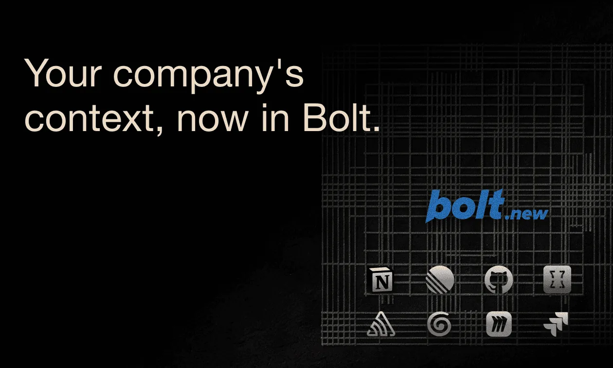 Promo graphic: 'Your company's context, now in Bolt,' with the bolt.new logo and the eight Connector tool icons on a dark wireframe background.