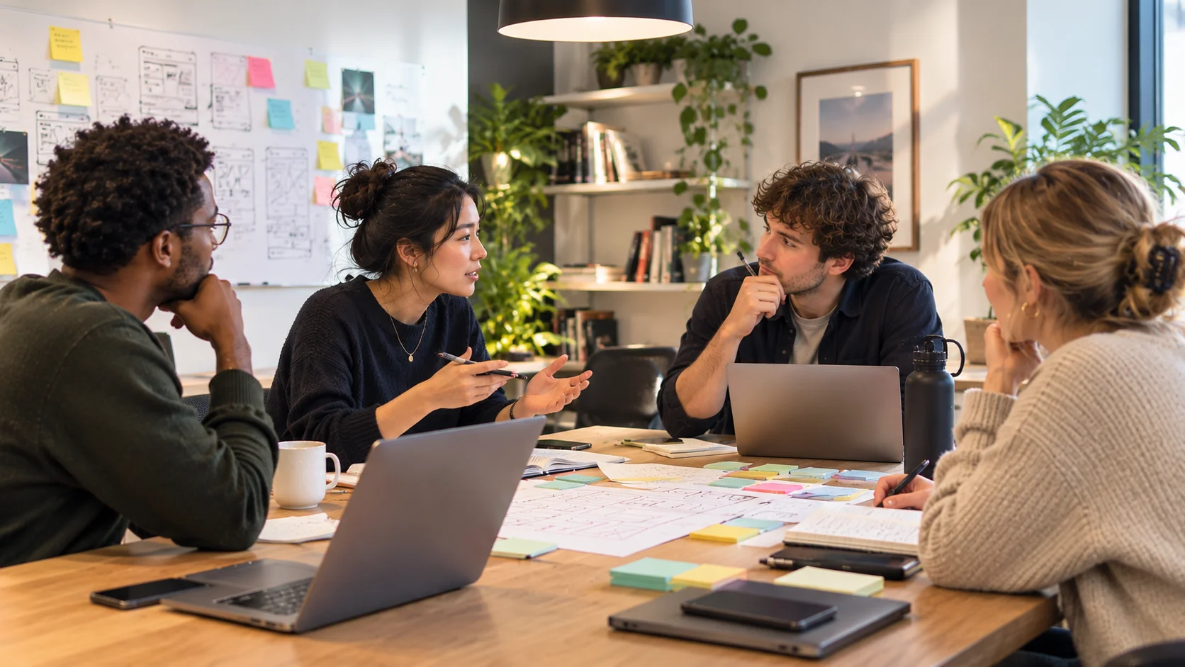 A team of four creative professionals collaborates around a table covered with laptops, sketches, notebooks, and colorful sticky notes in a bright, modern office.