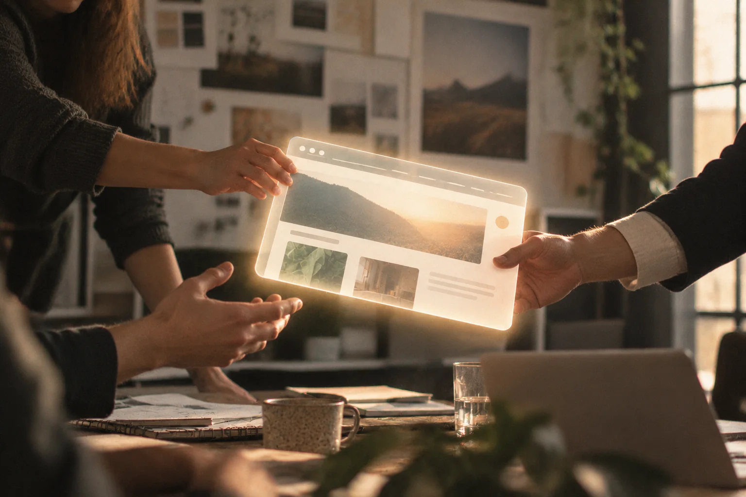 Agency team members hand off a glowing digital website interface to a client across a meeting table in a warmly lit creative studio.