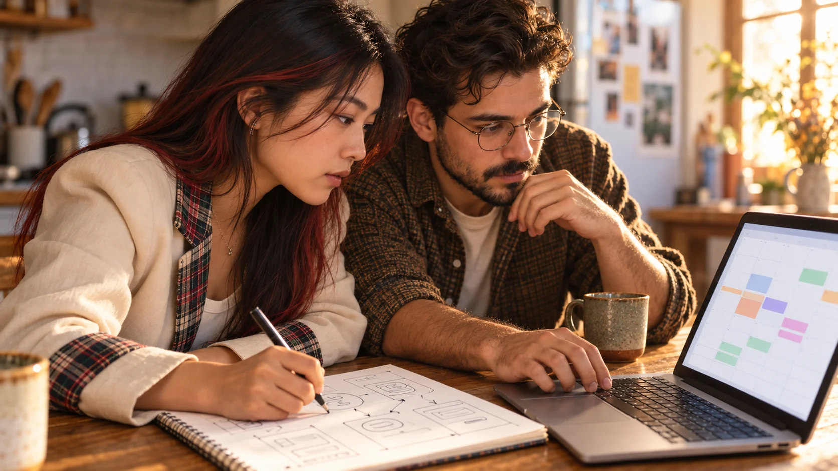 Two people at a kitchen table, one sketching app screens in a notebook while the other works on a laptop showing a calendar booking app