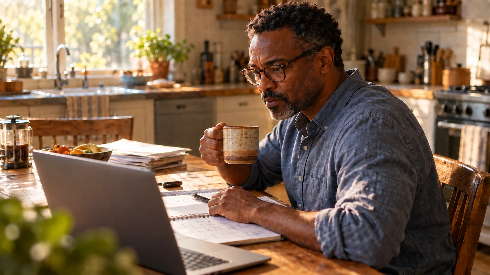 A small business owner working on a laptop at a kitchen table, with a handwritten checklist in a notebook beside it.