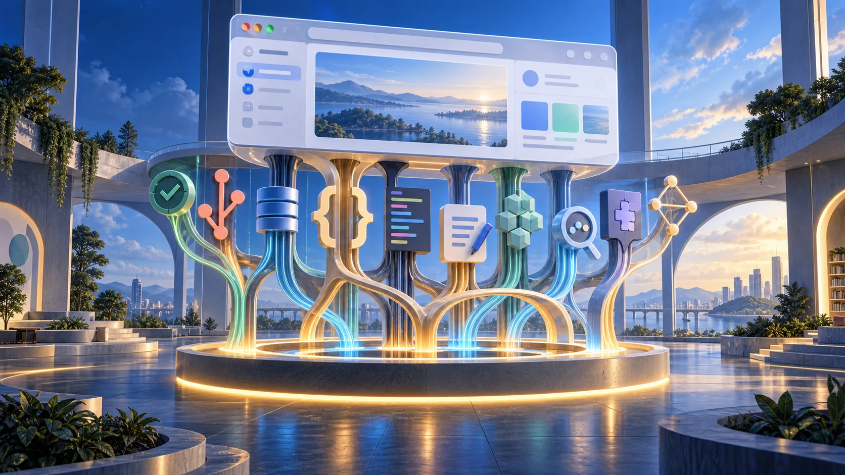 A browser window held up by glowing columns that branch into open source tool icons: version control, databases, code, packages and testing.