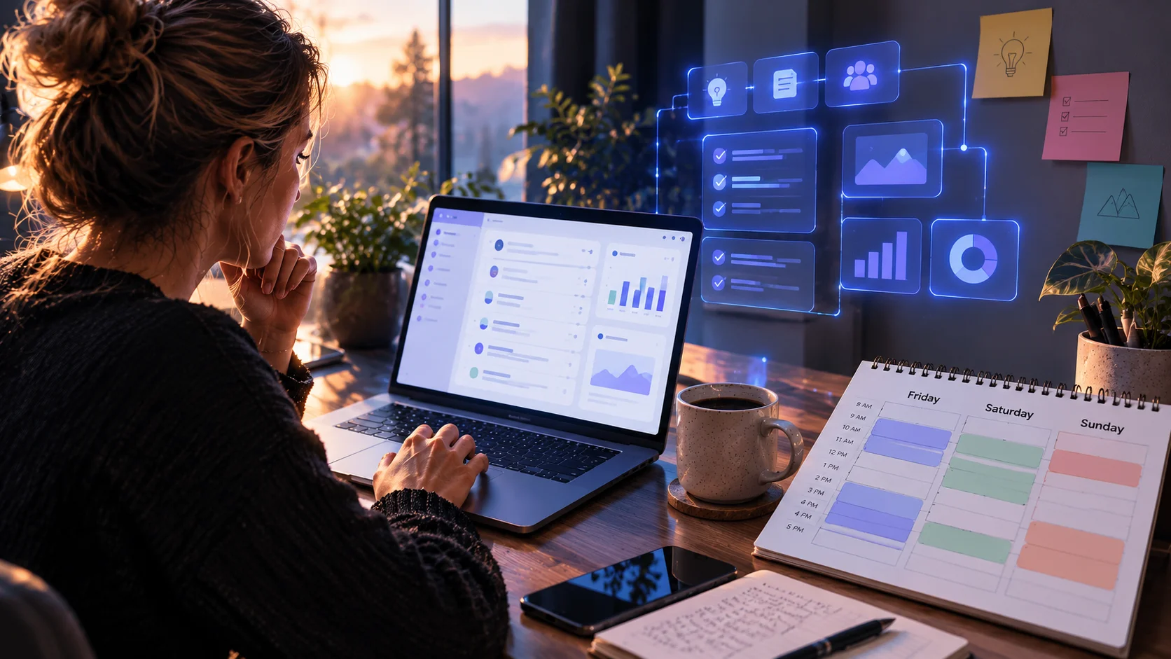 A founder at a desk with a laptop showing a working app, beside a paper calendar with the weekend blocked out