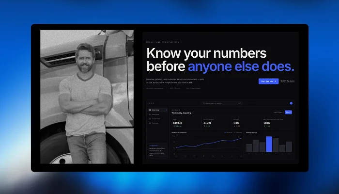 Split-screen graphic: a man with arms crossed standing in front of a truck alongside a SaaS analytics dashboard showing revenue metrics and the headline 'Know your numbers before anyone else does.'