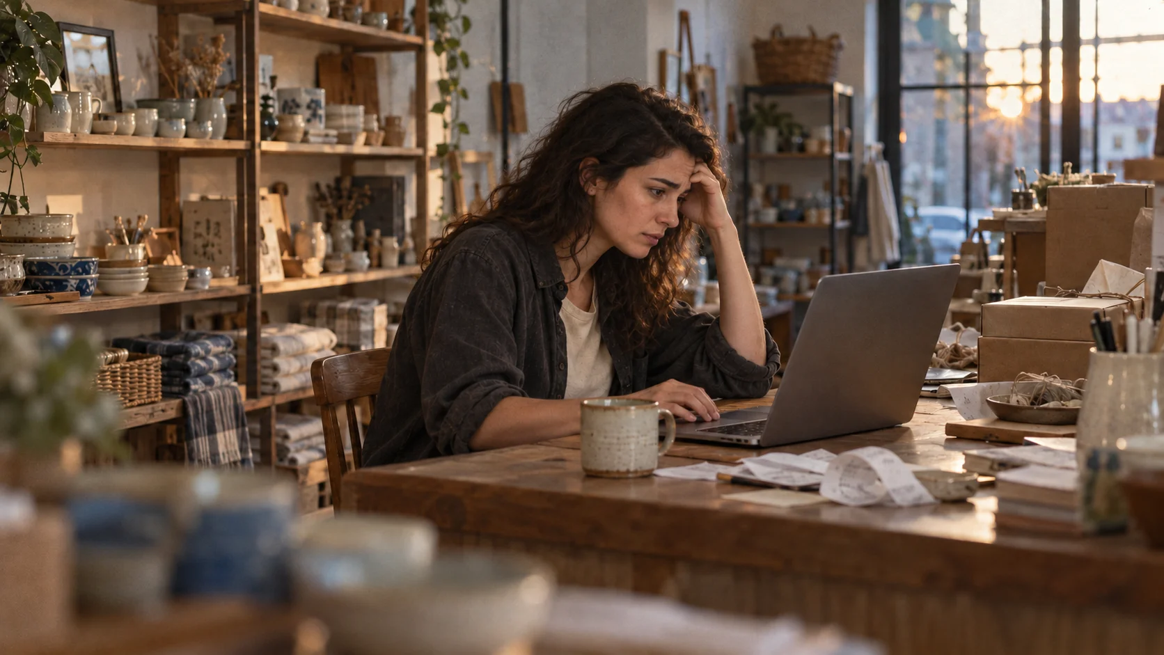 Woman looking stressed at her laptop after her WordPress site went offline from the PHP vulnerability