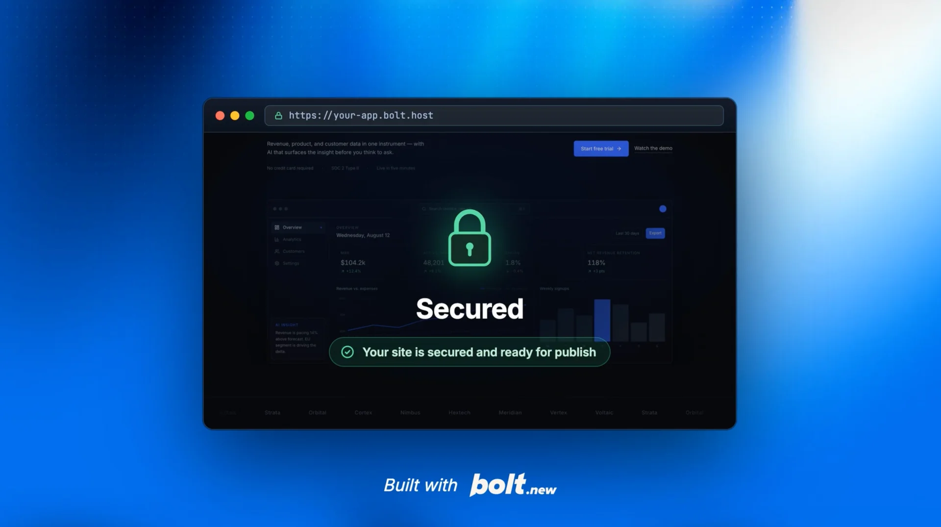 Bolt publish menu showing the Run security audit button and a mitigated-risk score