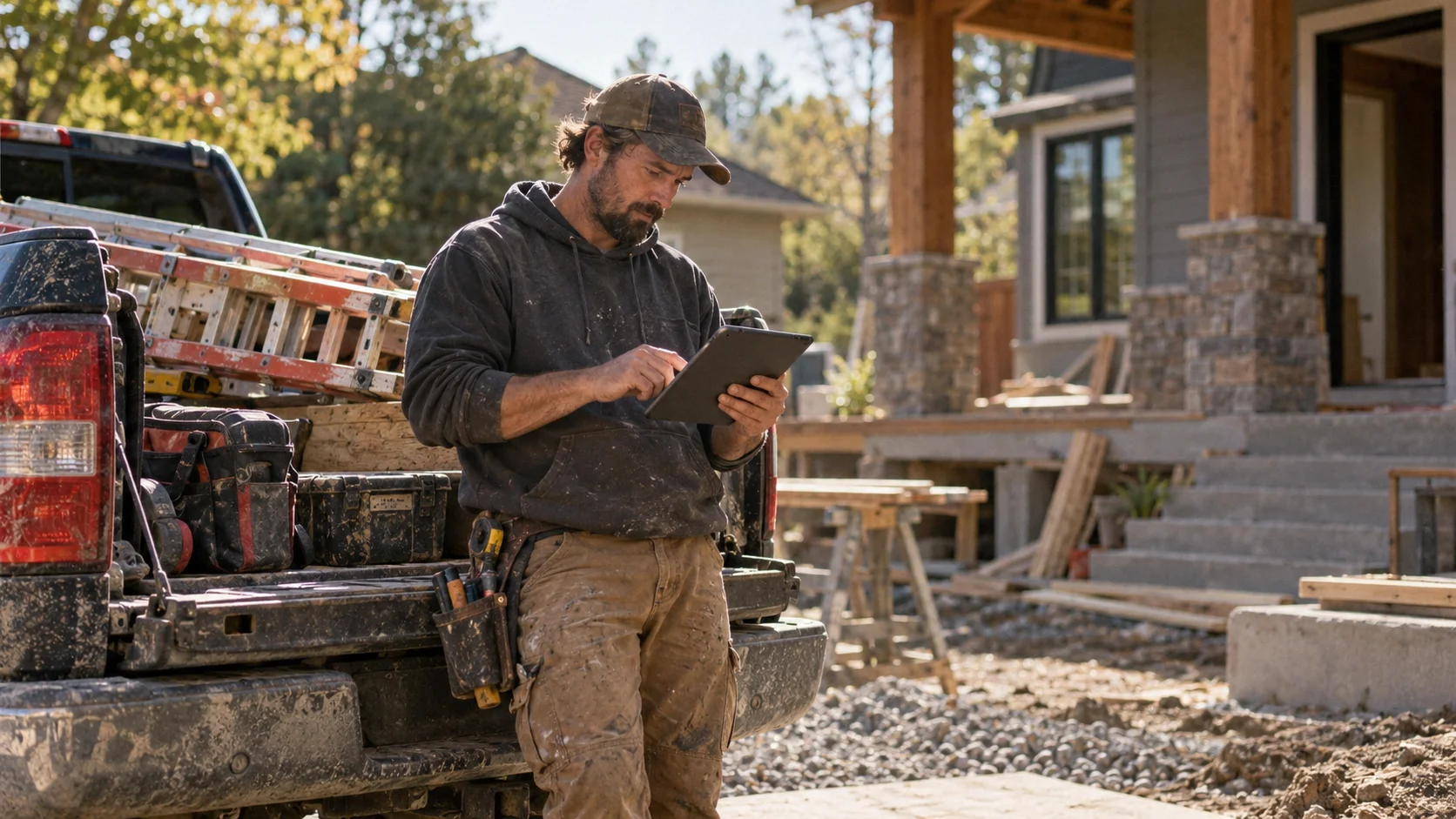 A contractor checking a tablet beside a pickup truck loaded with ladders and tools at a residential job site.