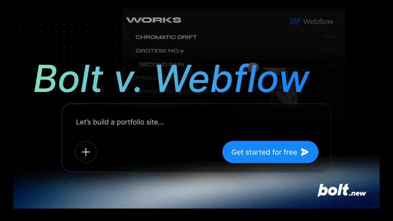 Bolt vs. Webflow blog header showing a faded Webflow portfolio site in the background and a Bolt.new chat prompt reading 'Let's build a portfolio site...' with a 'Get started for free' button.