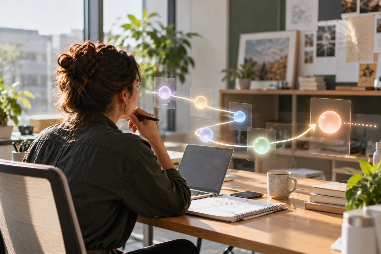A woman sits at a desk in a sunlit office, thoughtfully examining a glowing, conceptual workflow with connected steps and pathways floating in front of her.