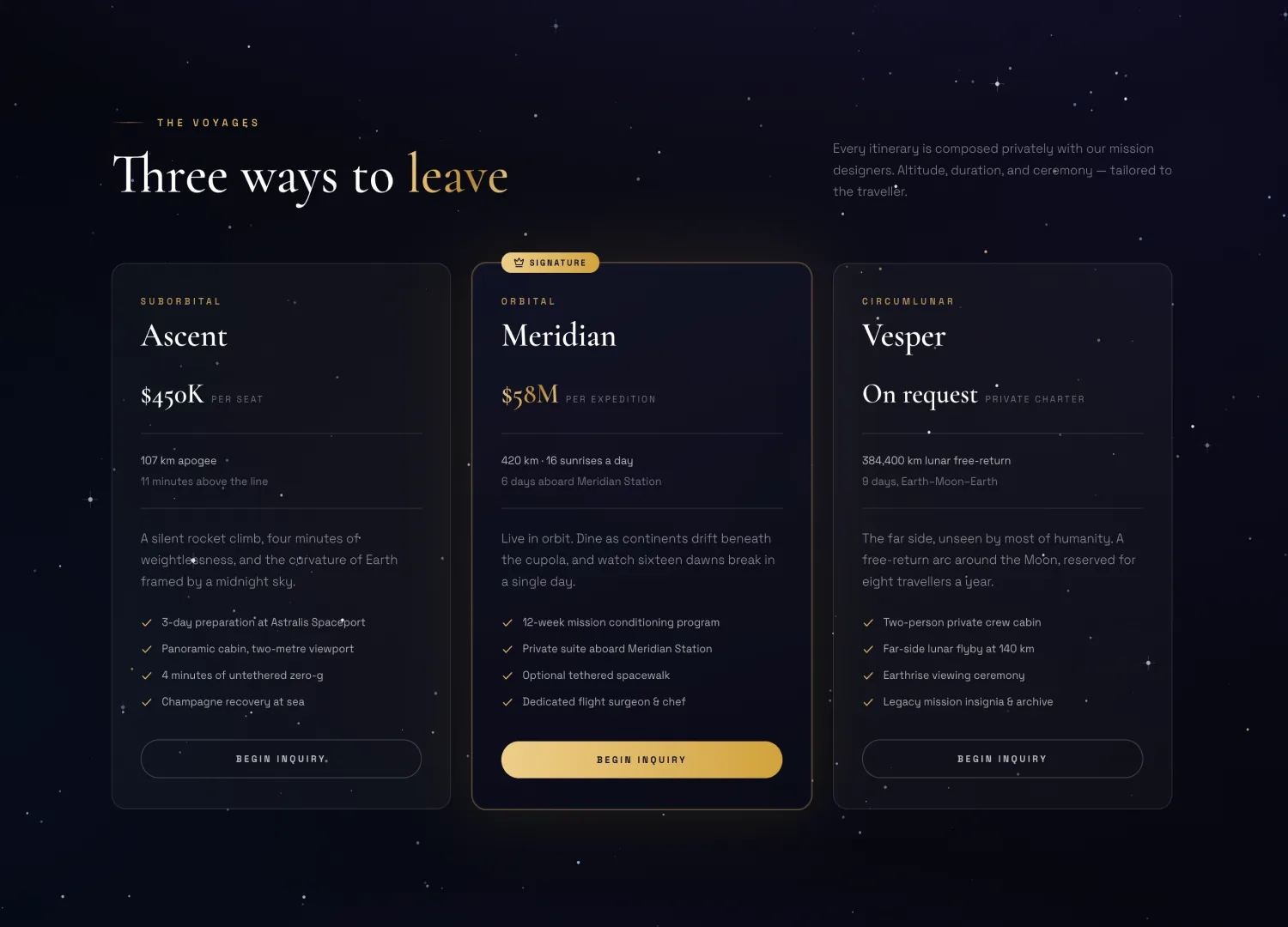 Space Tourism template — screen 2